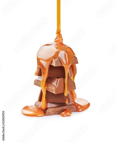 milk chocolate sprinkled with caramel on a white background