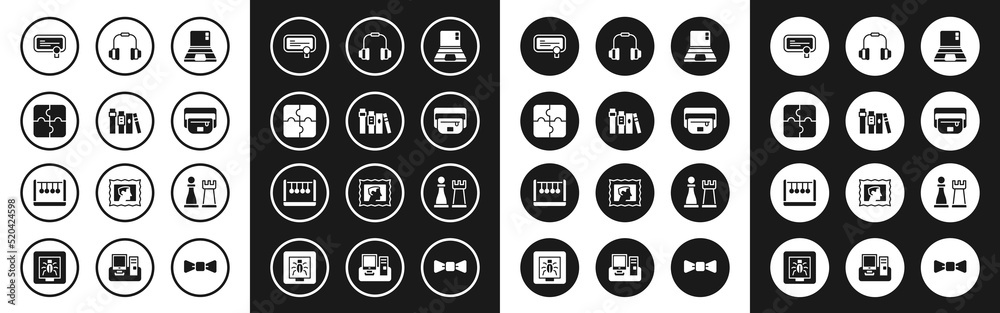 Set Laptop, Book, Piece of puzzle, Certificate template, Waist bag banana, Headphones, Chess and Pendulum icon. Vector Set Laptop, Book, Piece of puzzle, Certificate template, Waist bag banana, Headphones, Chess and Pendulum icon. Vector