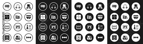 Set Laptop, Book, Piece of puzzle, Certificate template, Waist bag banana, Headphones, Chess and Pendulum icon. Vector