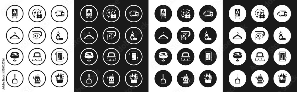 Set Garbage truck, Toilet paper roll, Hanger wardrobe, Wet floor, Dishwashing liquid bottle, Washing dishes, Cleaning service for window and Stain on the tablecloth icon. Vector