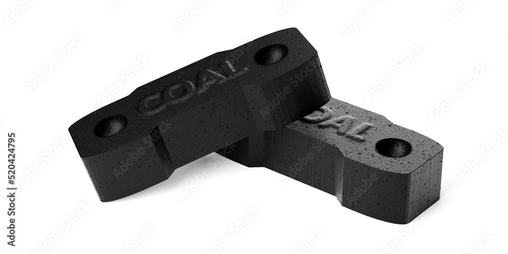 Two black coal briquets or briquettes over white background Two black coal briquets or briquettes over white background