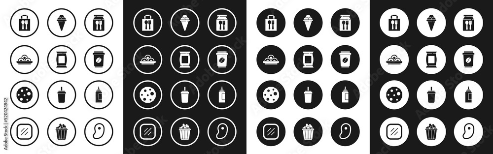 Set Online ordering and delivery, Bag packet potato chips, Asian noodles bowl, Coffee cup go, Ice cream waffle cone, Sauce bottle and Cookie biscuit icon. Vector Set Online ordering and delivery, Bag packet potato chips, Asian noodles bowl, Coffee cup go, Ice cream waffle cone, Sauce bottle and Cookie biscuit icon. Vector