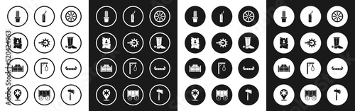 Set Old wooden wheel, Spur, Wanted western poster, Cactus peyote in pot, Cowboy boot, Dynamite bomb, Kayak or canoe and paddle and Saloon door icon. Vector
