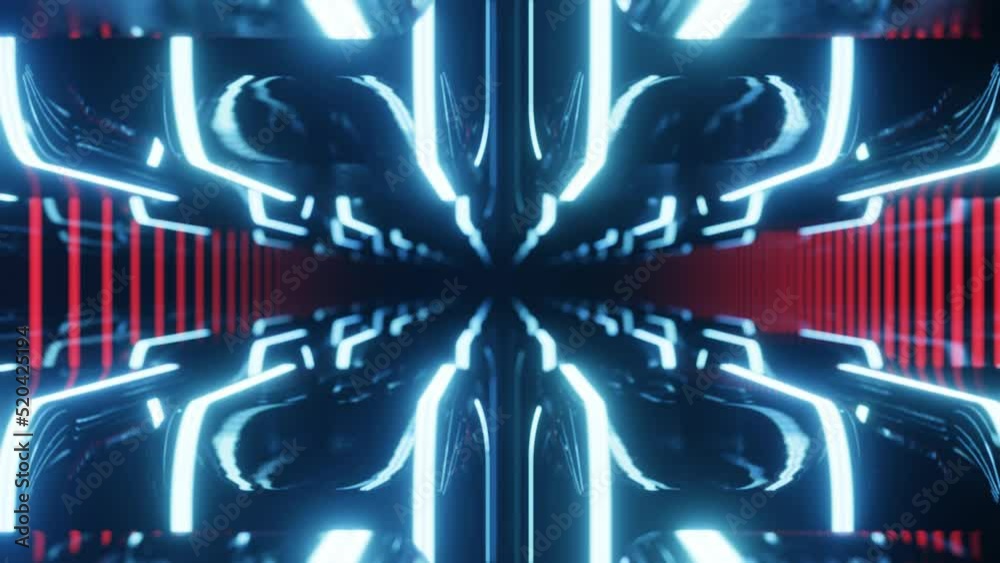 Fly through mirror designs form tunnel technology cyberspace with neon glow. Sci-fi flight through design complexity. Neon light. 3d looped seamless 4k bright background.