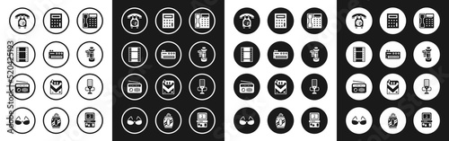 Set Telephone handset, Music synthesizer, Play Video, Camera roll cartridge, Calculator, Microphone and Radio with antenna icon. Vector