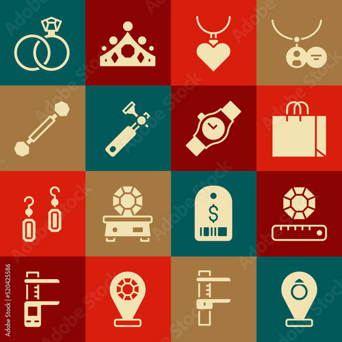 Set Jewelry store, Gem stone, Shopping bag jewelry, Necklace with heart shaped pendant, Jewelers lupe, Piercing, Wedding rings and Wrist watch icon. Vector