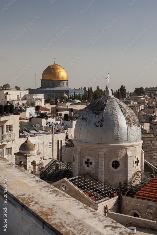 View of the rooftops of Jerusalem and the dome of the temple on the Temple Mount