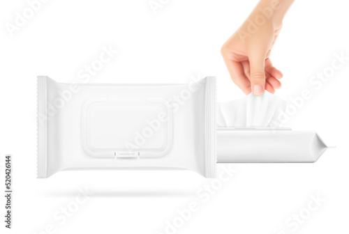 Realistic wet wipes bag mockup with hand. Vector illustration isolated on white background. Great for your product presentation. EPS10. photo