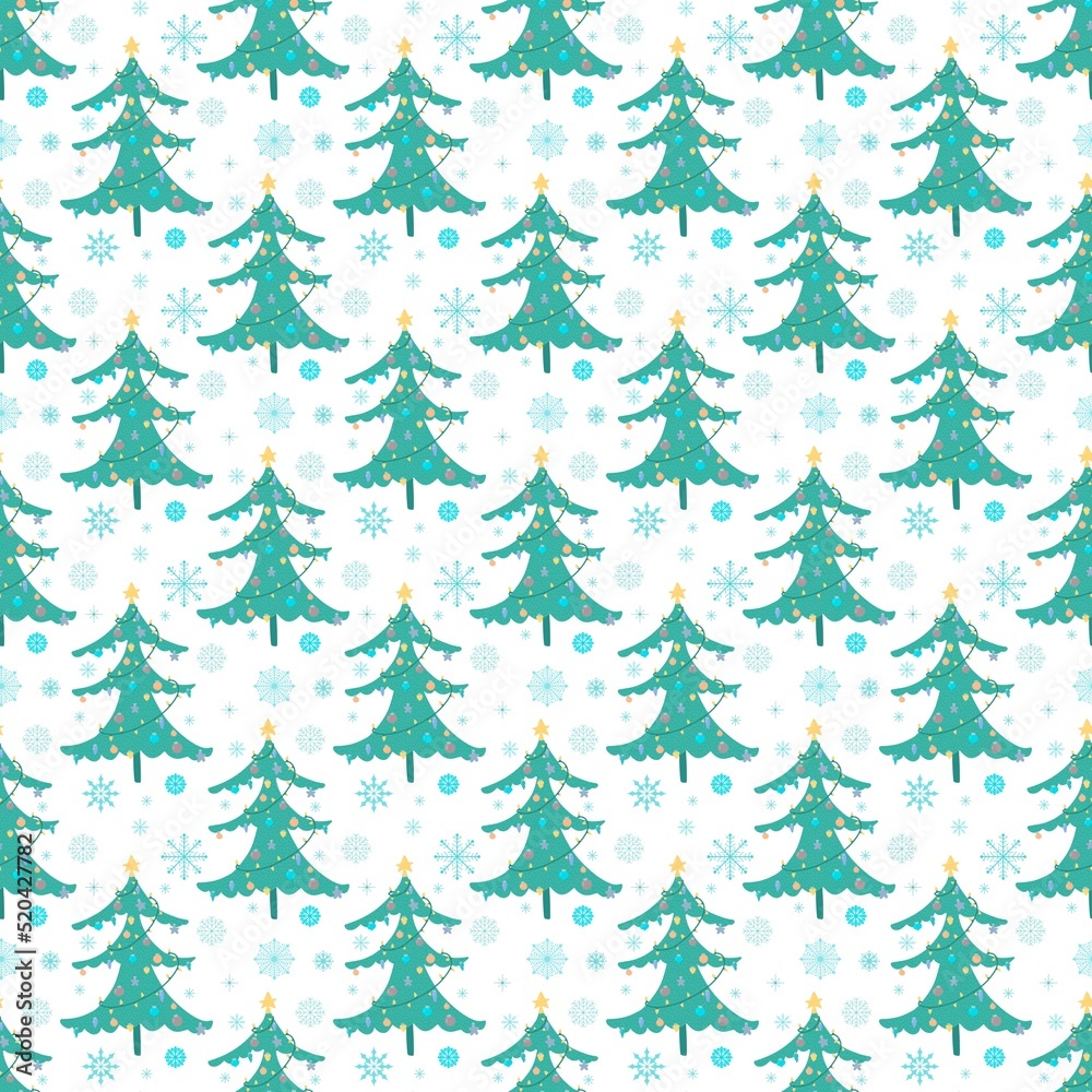 Obraz premium Winter new year seamless Christmas trees balls toys pattern for wrapping and clothes print and accessories and gifts box