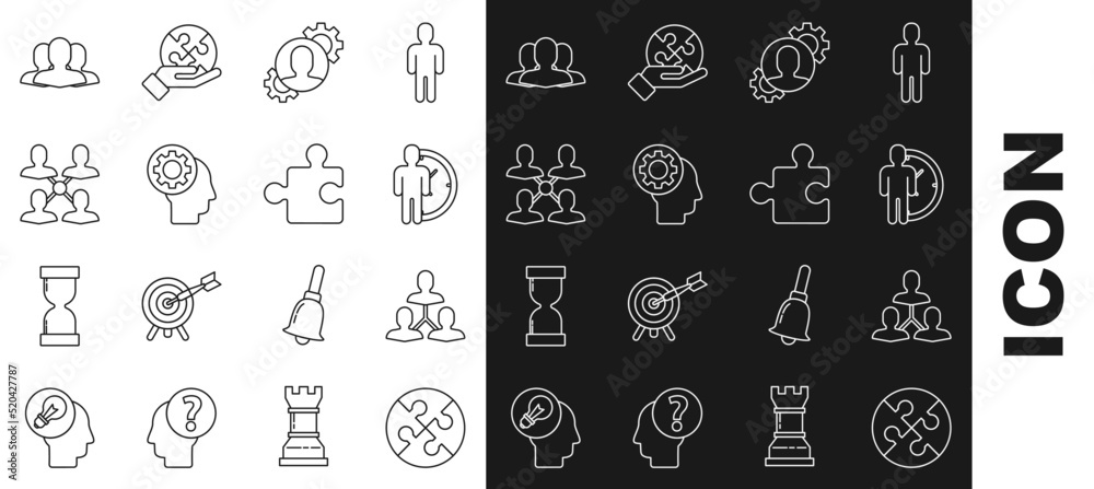 Set line Piece of puzzle, Project team base, Time Management, Human with gear inside, head, Users group and icon. Vector
