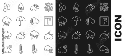 Set line Fahrenheit and cloud, Cloud with moon stars, Sun weather, Classic elegant opened umbrella, rain, Water drop and Thermometer icon. Vector