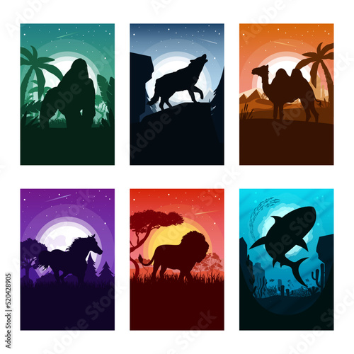 Set of colorful animals silhouette in flat design art style, vector illustration of animals in different habitats
