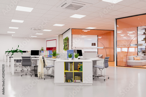 Modern Interior Open Office Workspace 3d Rendering