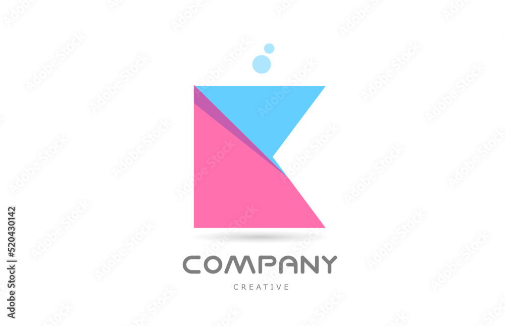 K pink blue geometric alphabet letter logo icon. Creative template for company and business