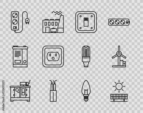 Set line Diesel power generator, Solar energy panel and sun, Electric light switch, cable, extension cord, Electrical outlet in the USA, Light bulb and Wind turbine icon. Vector