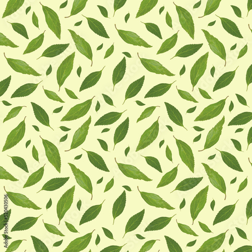 Seamless pattern with green leaves on a yellow background. Natural ornament.