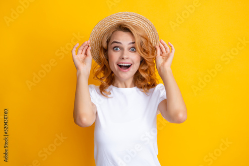 Expressive girl with surprised face. Smiling caucasian woman wearing straw hat sunglasses enjoying summer.
