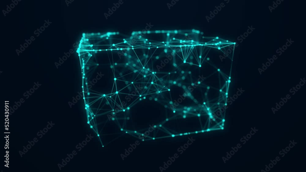 Abstract blue cube with connecting dots and lines. Big data visualization. Blockchain technology concept. Wireframe network connection structure. 3d rendering.