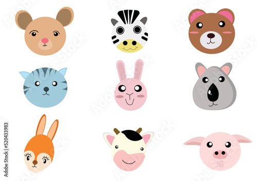 Set of animal heads collection.Characters portrait cute animal faces on white background.portraits  Emoji funny animal  Logo  sticker Kawaii Vector Funny cartoon and animal heads concept.