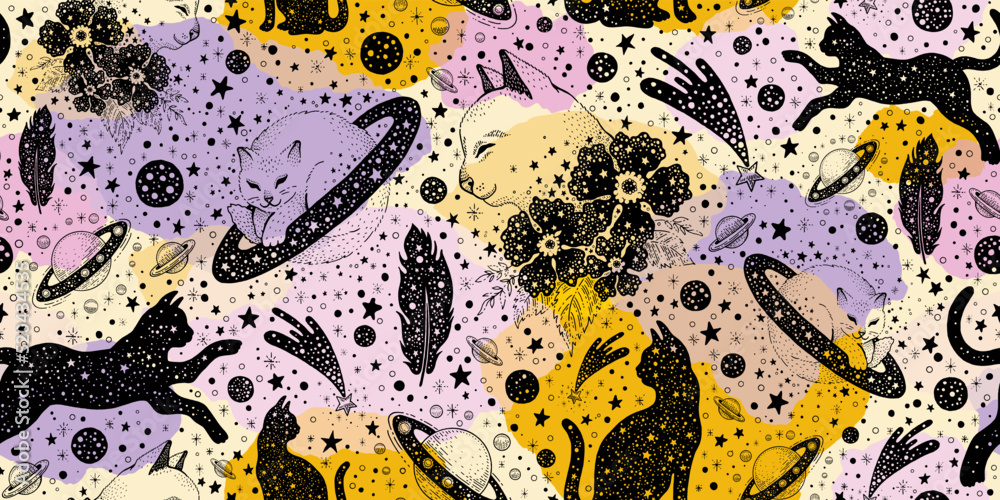 Mystic cat pattern. Anime tattoo space background. Japanese black tatoo