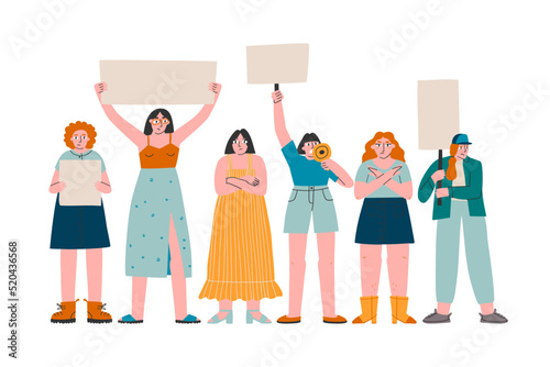 A young woman shouts through megaphones, supporting the protests against the background of discontented people protesting. Flat design colorful illustration isolated on white. photo