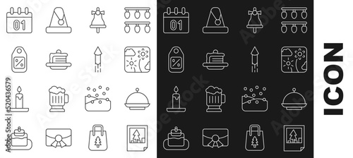 Set line Christmas postcard, covered with tray, Firework rocket, Merry ringing bell, Cake, Price tag Sale, Calendar and icon. Vector