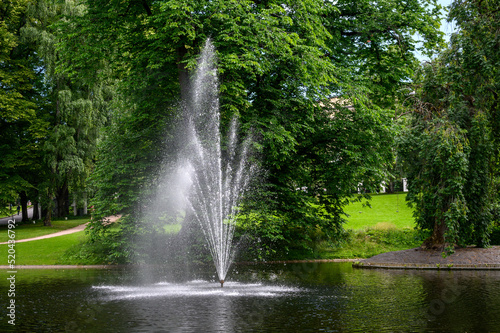 Tall fountain in the middle of a pond in a green park  as a nature background 