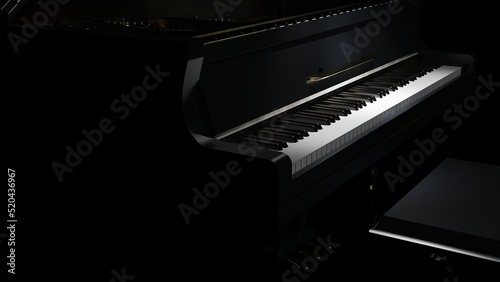 Black-gold Grand Piano under spot lighting background on black surface. 3D illustration. 3D CG. 3D high quality rendering. 