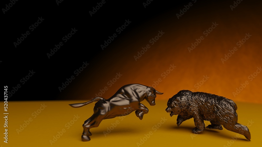 Bronze bull and bear sculpture staring at each other in dramatic contrasting light representing financial market trends under orange-black background. Concept images of stock market. 3D CG.