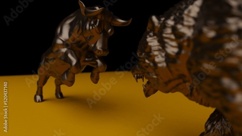 Bronze bull and bear sculpture staring at each other in dramatic contrasting light representing financial market trends under orange-black background. Concept images of stock market. 3D CG.