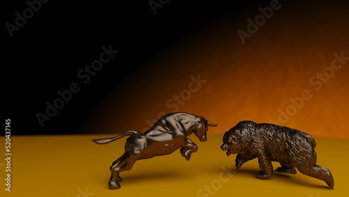 Bronze bull and bear sculpture staring at each other in dramatic contrasting light representing financial market trends under orange-black background. Concept images of stock market. 3D CG.