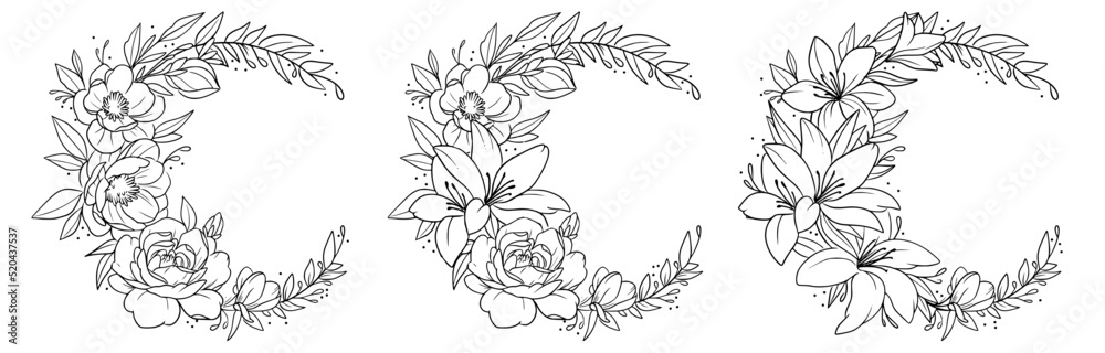 Moon flower wreath decoration outline black and white with lilies vector SVG line art