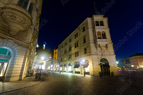 Night view of ancient building of Philip Mansion at corner of Cankar Embankment and Stritar Street marking entry into Ljubljana town medieval part  Slovenia