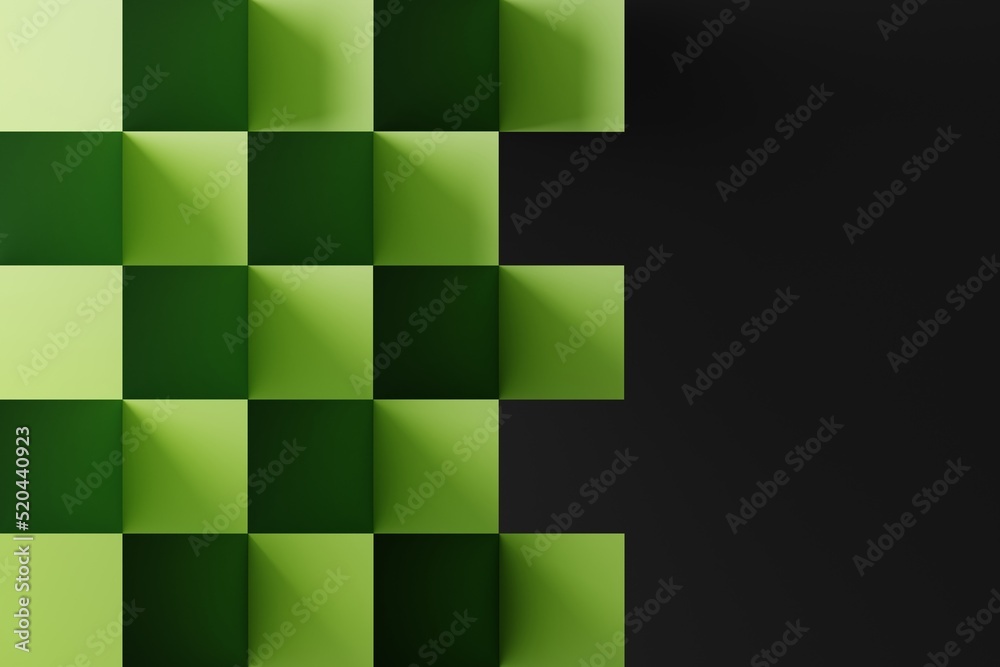 Abstract pattern from green squares on a dark background. The concept of using textures, mockup. 3d rendering, 3d illustration. Abstract pattern from green squares on a dark background. The concept of using textures, mockup. 3d rendering, 3d illustration.