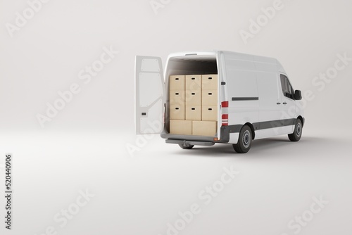 Commercial delivery white van with cardboard boxes on white background. Delivery order service company transportation box business background with van truck. 3d rendering, 3d illustration.