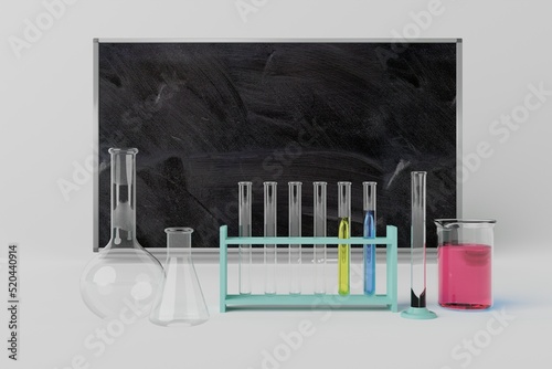 Laboratory glassware on the blackboard background. Chemistry science concept  back to school. Learning about chemical issues  chemical formulas. 3d rendering  3d illustration.