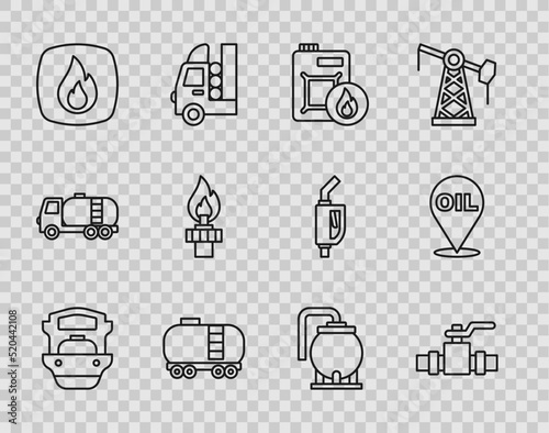 Set line Oil tanker ship, Metallic pipes and valve, Canister for motor oil, railway cistern, Fire flame, rig with fire, storage and Refill petrol fuel location icon. Vector