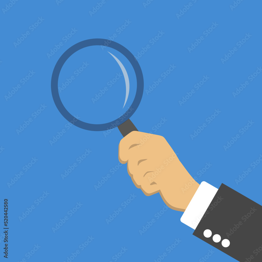 Magnifying glass in hand. Loupe. vector illustration in flat design on a blue background Magnifying glass in hand. Loupe. vector illustration in flat design on a blue background