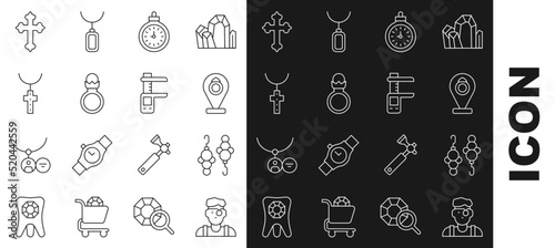 Set line Jeweler man, Earrings, Jewelry store, Pocket watch, Diamond engagement, Christian cross chain, and Calliper caliper and scale icon. Vector