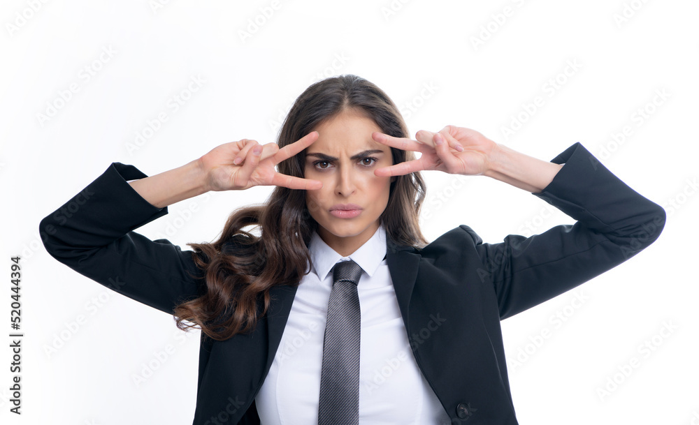 Business woman with victory sign. Happy positive funny businesswoman show victory v-sign gesture isolated on white background, studio portrait. Portrait of attractive funny crazy student. Business woman with victory sign. Happy positive funny businesswoman show victory v-sign gesture isolated on white background, studio portrait. Portrait of attractive funny crazy student.