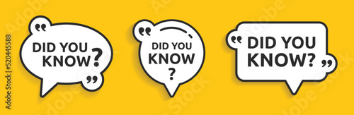 Did you know question message in quote speech bubble for inform about interesting fact. Vector banner set illustration.