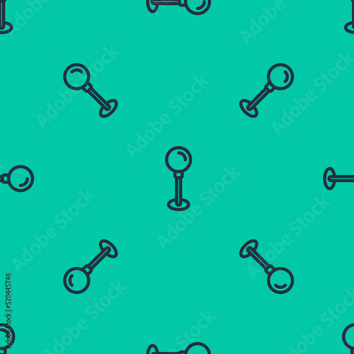 Blue line Push pin icon isolated seamless pattern on green background. Thumbtacks sign. Vector