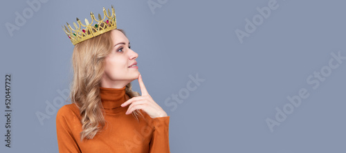 Princess woman with crown. Woman portrait, isolated header banner with copy space. thoughtful blonde woman in crown. arrogance and selfishness. portrait of glory. photo