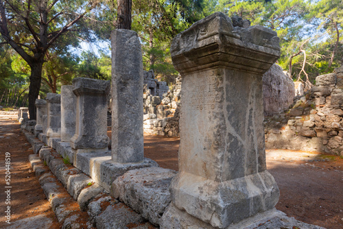 Colonnaded paved ancient street in Phaselis, row of columns in Lycian city. View of inscription on column.