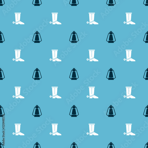 Set Camping lantern and Cowboy boot on seamless pattern. Vector