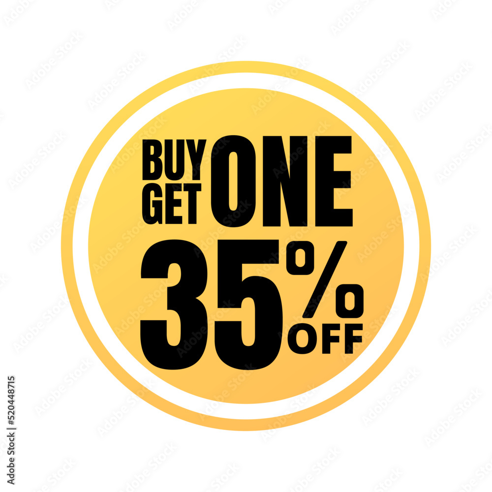 35% off, buy get one, online super discount yellow promotion button. Vector illustration, icon Thirty-five 