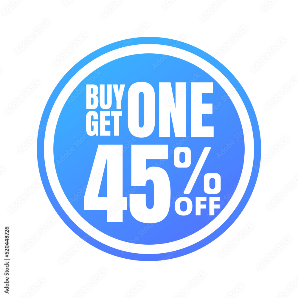 45% off, buy get one, online super discount blue button. Vector illustration, icon Forty five 45% off, buy get one, online super discount blue button. Vector illustration, icon Forty five