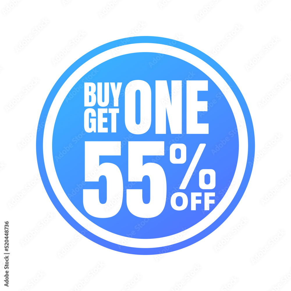 55% off, buy get one, online super discount blue button. Vector illustration, icon Fifty-five 55% off, buy get one, online super discount blue button. Vector illustration, icon Fifty-five