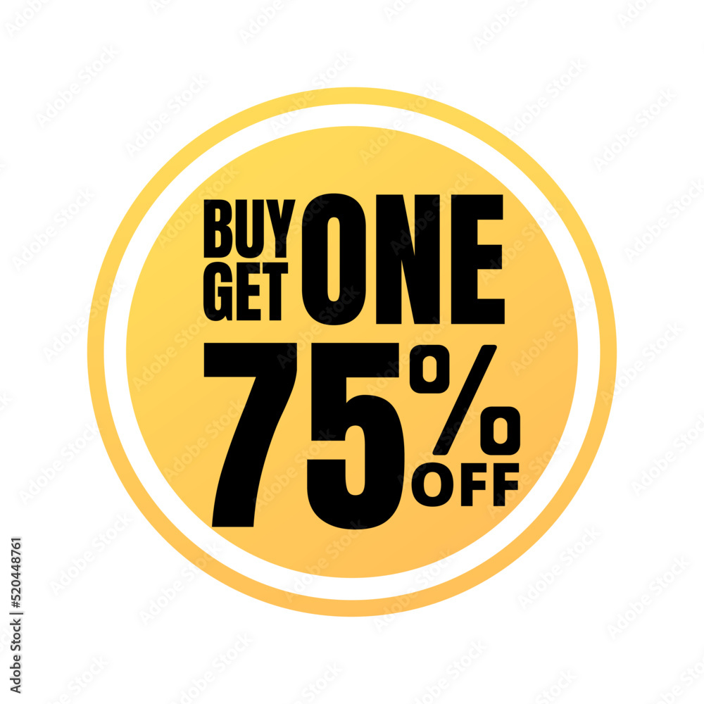 75% off, buy get one, online super discount yellow promotion button. Vector illustration, icon Seventy-five 