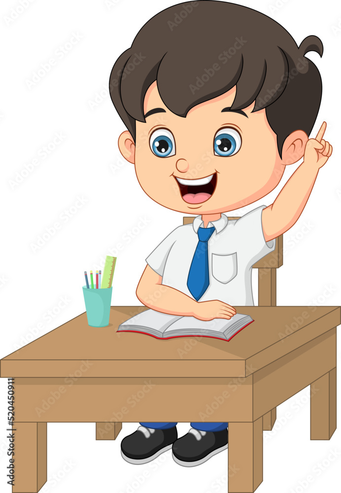 Cute little boy sitting on the desk with raising his finger pointing up